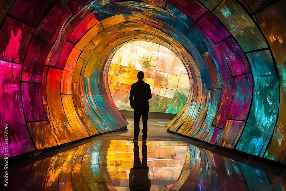 Wall mural a man stands in a tunnel with colorful walls