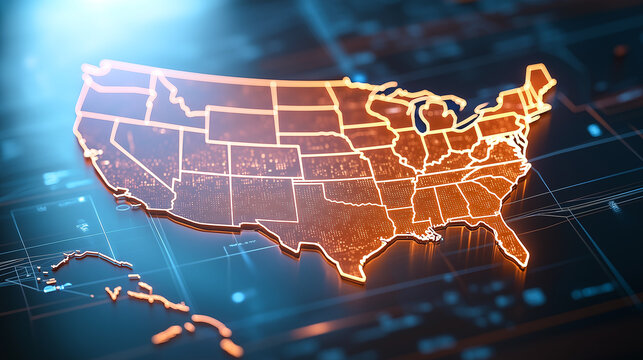 glowing orange map of United States, showcasing state boundaries and digital elements, evokes sense of modern technology and connectivity