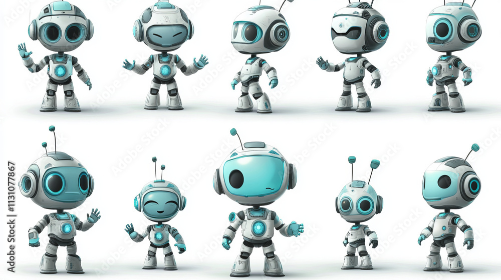 Poster cute robot cartoon character with different poses and face emotions. vector illustration set of bot 