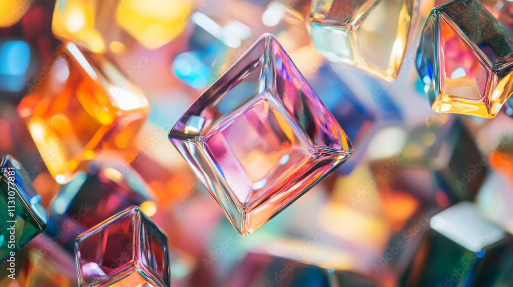 Poster 3d abstract glass shape with crystal light gradient. prism reflection effect for geometric element. 
