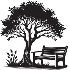 Wooden bench beside a beautiful tree silhouette vector illustration isolated on a white background