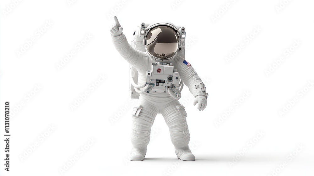 Poster an astronaut in a spacesuit gesturing with one finger raised, symbolizing discovery or achievement.