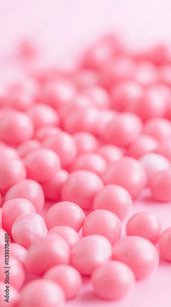 Poster a close-up of pink spherical objects scattered on a soft background, evoking a playful and vibrant a