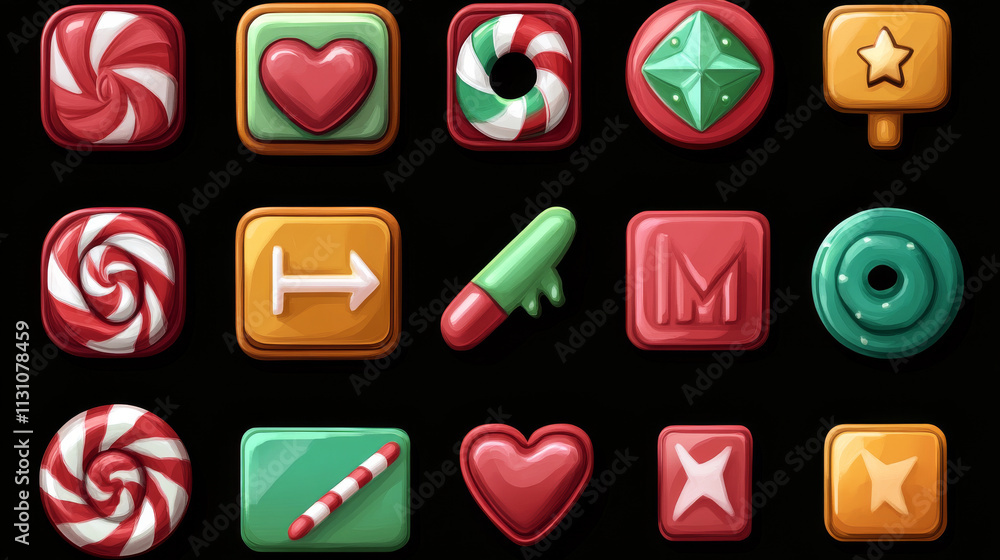 Poster candy game ui buttons set isolated on black background. vector cartoon illustration of progress bar,