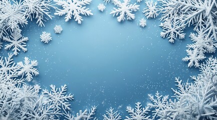 3D rendering of snowflakes on a blue background with copy space.