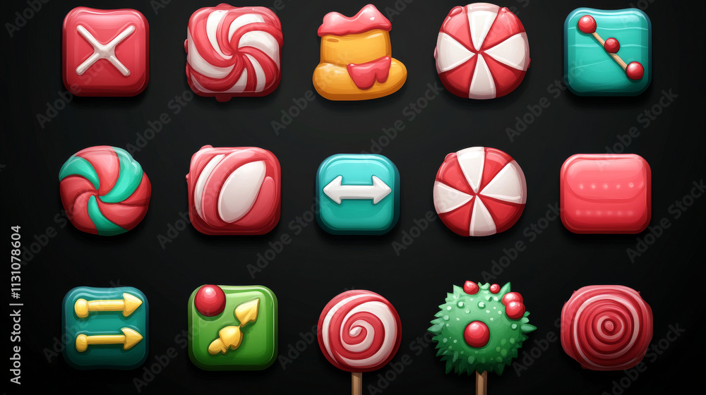 Poster candy game ui buttons set isolated on black background. vector cartoon illustration of progress bar,