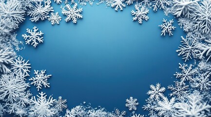 3D rendering of snowflakes on a blue background with copy space.