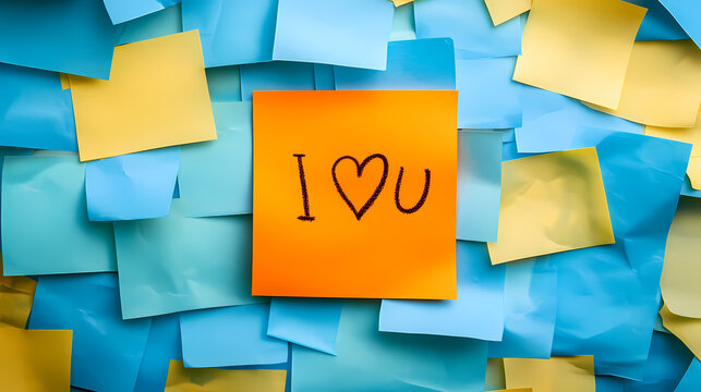 An orange sticky note emblazoned with 'i love you' is set against a backdrop of blue and yellow notes, symbolizing affection amidst chaos. Emblazoned. Illustration