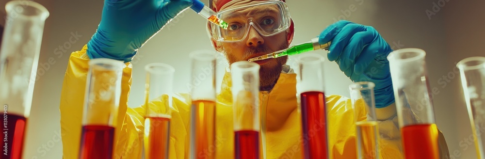 Poster a scientist conducts experiments with colorful liquids in test tubes.