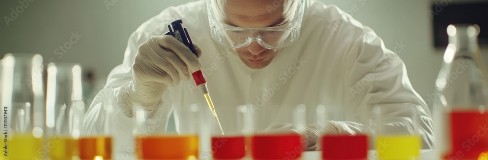 Poster A scientist conducts experiments with colorful liquids in a laboratory setting.