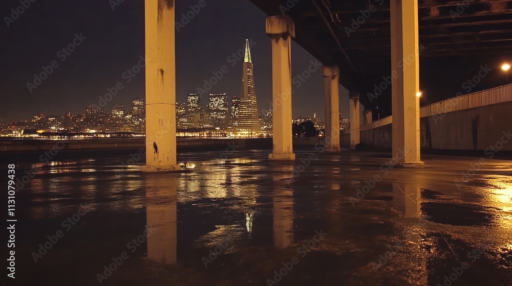 Poster Night view of a city skyline reflected in wet pavement under a bridge.