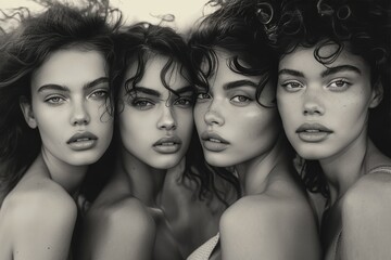 Elegant black and white portrait of four beautiful women posing against a striking red background