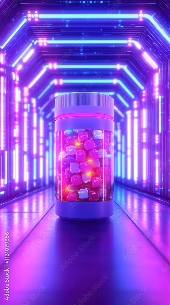 Poster a vibrant, futuristic scene featuring a glowing container filled with colorful cubes, set against a 