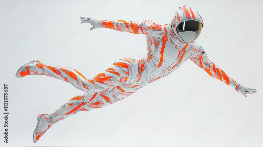 Aufkleber a figure in a colorful, futuristic suit appears to be floating in mid-air.