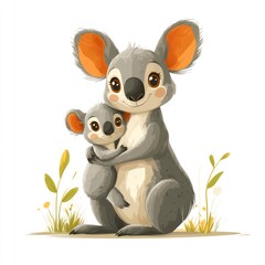 Mother koala tenderly hugging her baby joey amidst lush greenery.