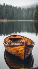 Obraz premium Tranquil Lake Serenity: Wooden Rowboat on Calm Waters, Mirrored by Still Forest Lake