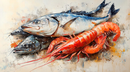 Colorful seafood still life featuring fresh fish and shrimp on a textured background with artistic brush strokes. Generative AI