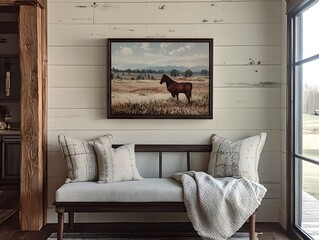 Rustic Ranch Interior Design: A serene horse painting hangs above a cozy bench, adding a touch of rustic elegance to a farmhouse-style interior. The image is perfect for interior design blogs.