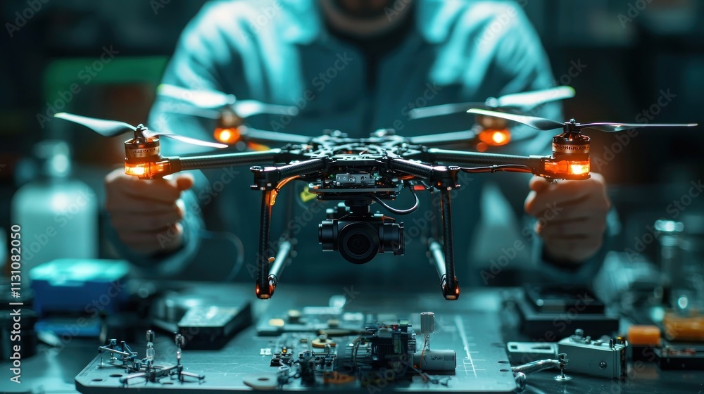 Aufkleber innovation in action: engineer testing drone prototype in high-tech lab