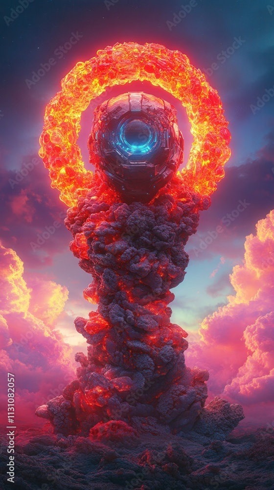 Poster a towering structure emits fiery energy, surrounded by clouds and vibrant colors, creating a surreal