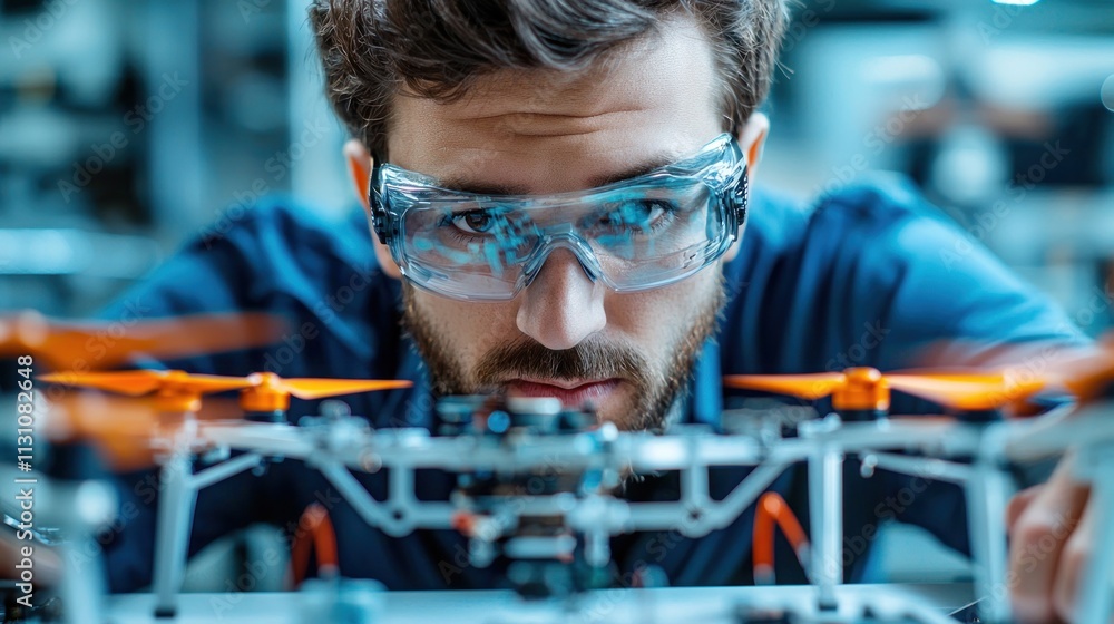 Aufkleber innovative engineer testing drone prototype in high-tech lab with tools and 3d models