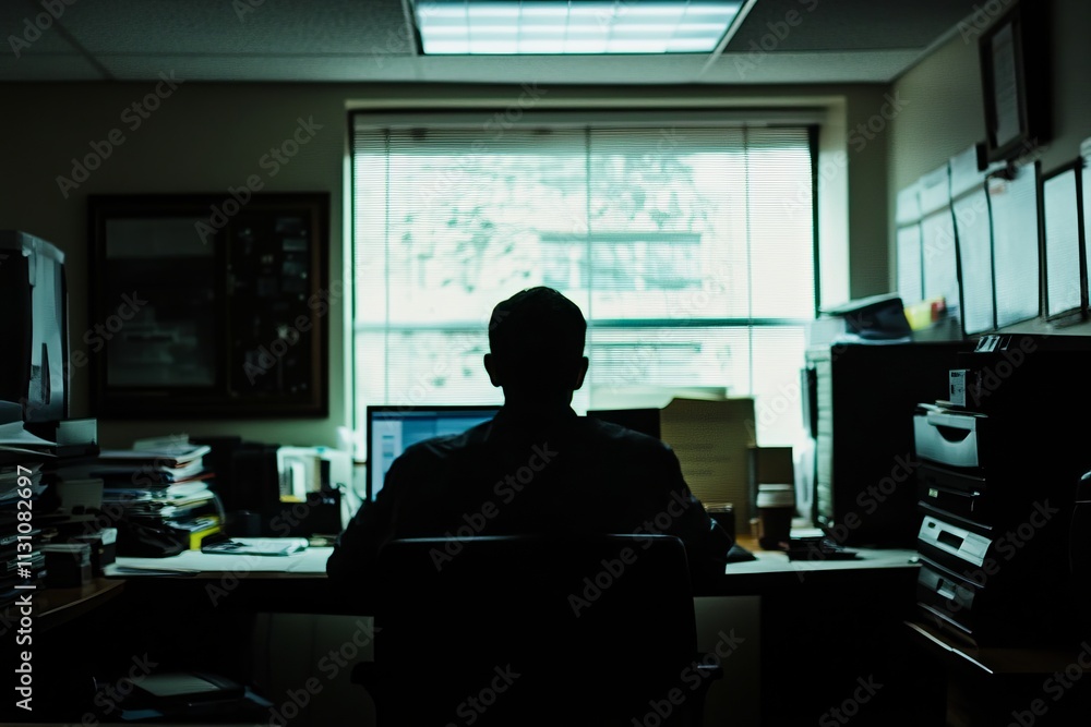 Poster a man is sitting at a desk with a computer