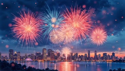 Fototapeta premium Vibrant watercolor illustration of fireworks exploding over city skyline at night