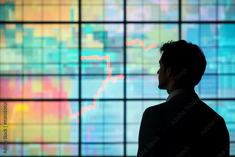 Poster a man is looking at a computer screen with a graph on it
