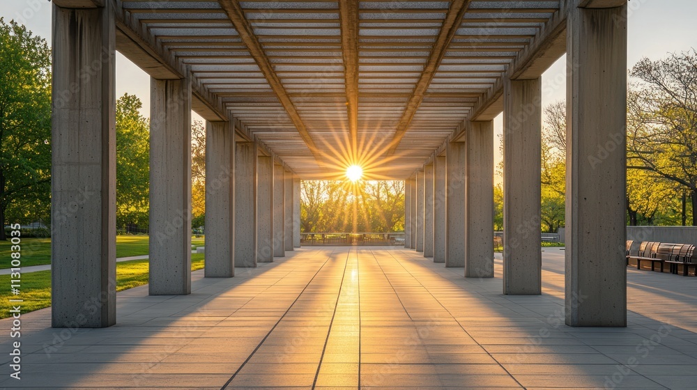 Poster A serene architectural space with sunlight streaming through columns, creating a tranquil atmosphere.