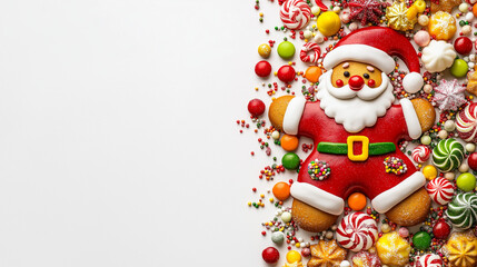 Cute gingerbread Santa Claus surrounded by colorful candies on a white background
