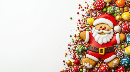 Cute gingerbread Santa Claus surrounded by colorful candies on a white background