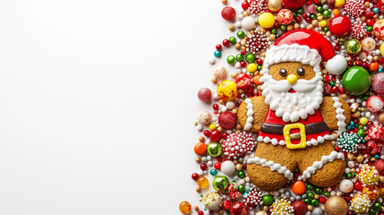 Cute gingerbread Santa Claus surrounded by colorful candies on a white background