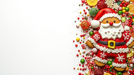 Cute gingerbread Santa Claus surrounded by colorful candies on a white background