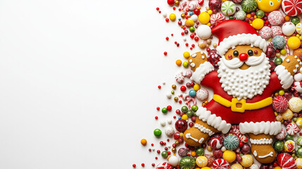 Cute gingerbread Santa Claus surrounded by colorful candies on a white background