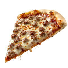 Front view of a hyperrealistic slice of sausage and cheese pizza levitating in mid-air, isolated on a white transparent background