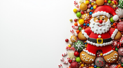 Cute gingerbread Santa Claus surrounded by colorful candies on a white background