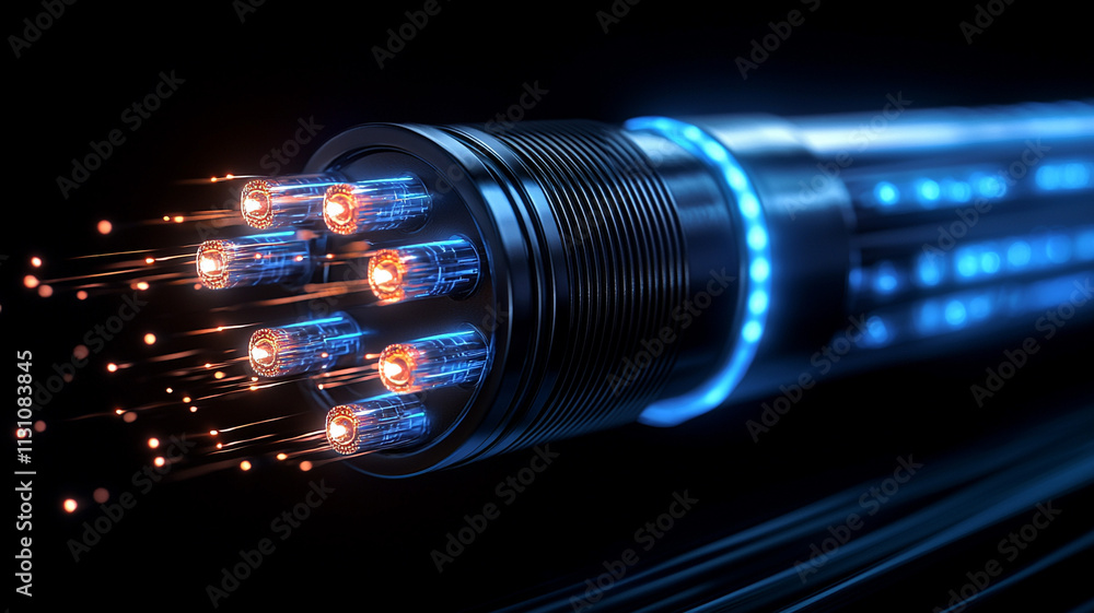 Poster innovative fiber optic technology high-tech laboratory image capture dark environment close-up view 