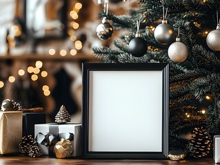 Christmas Mockup: A blank black frame rests against a beautifully decorated Christmas tree,...