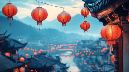 Obraz premium Lanterns on eaves of traditional buildings during the Chinese Spring Festival