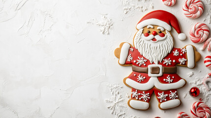 Minimalist gingerbread Santa Claus with festive red and white decorations on a textured background