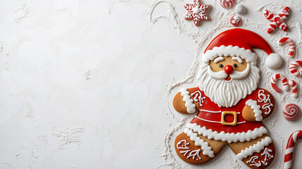 Minimalist gingerbread Santa Claus with festive red and white decorations on a textured background