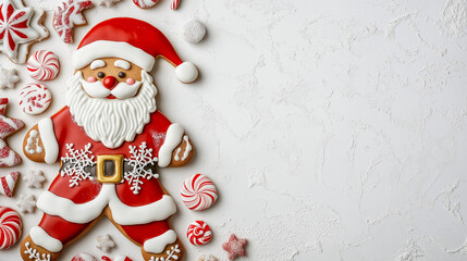 Minimalist gingerbread Santa Claus with festive red and white decorations on a textured background