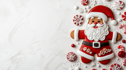 Minimalist gingerbread Santa Claus with festive red and white decorations on a textured background