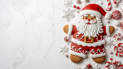 Minimalist gingerbread Santa Claus with festive red and white decorations on a textured background