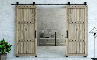 Barn Sliding Wooden Door in Loft Room © denisik11