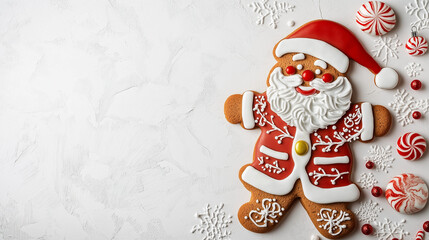 Minimalist gingerbread Santa Claus with festive red and white decorations on a textured background