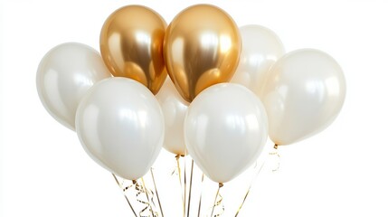 White gold birthday balloons on white background