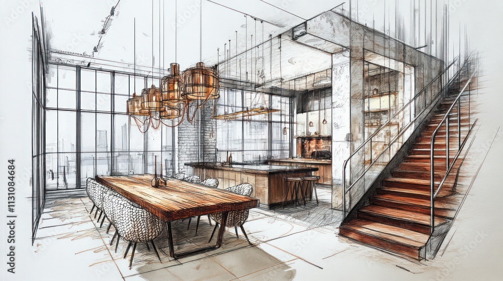 Aufkleber a modern kitchen and dining area sketch with elegant design elements and spacious layout.