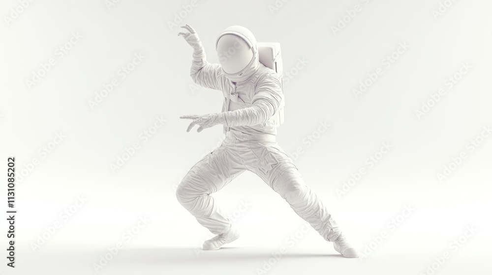 Poster a stylized white astronaut figure in a dynamic pose against a minimalistic background.