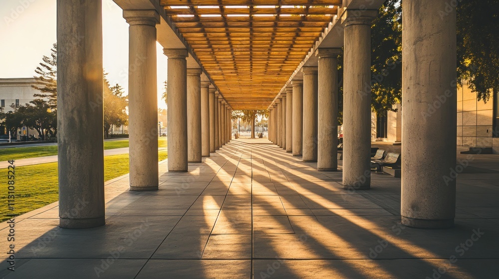 Poster A sunlit corridor with columns and shadows, creating a serene architectural space.